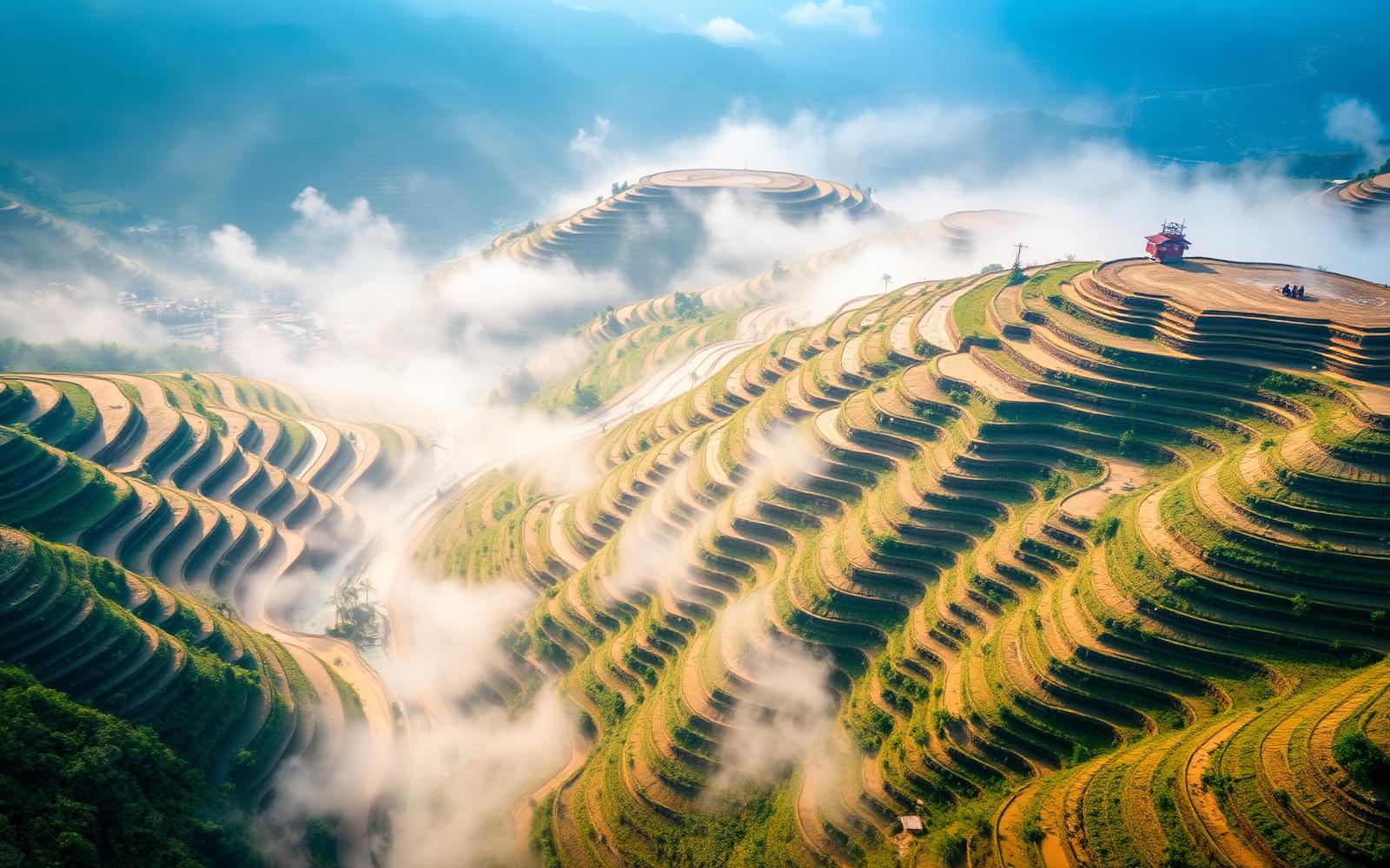 Farmland with irrigation channels and workers in the field