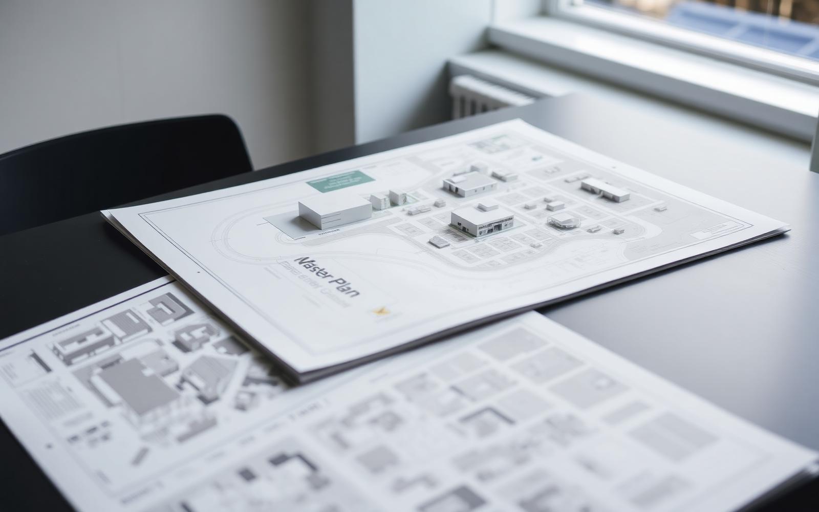 Printed master plan drawings and a site model on a table