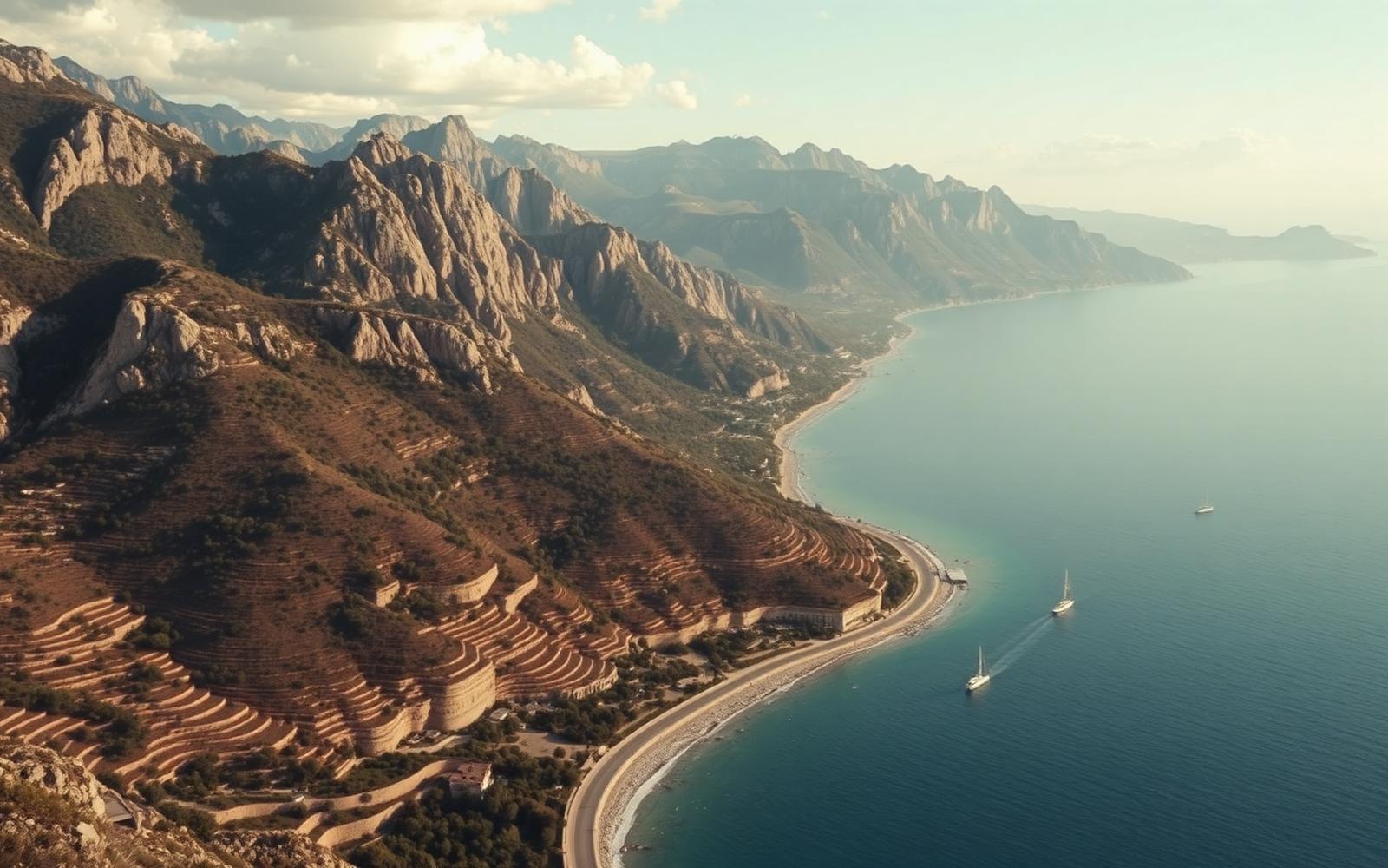 Albanian coastline with limestone mountains and terraced slopes