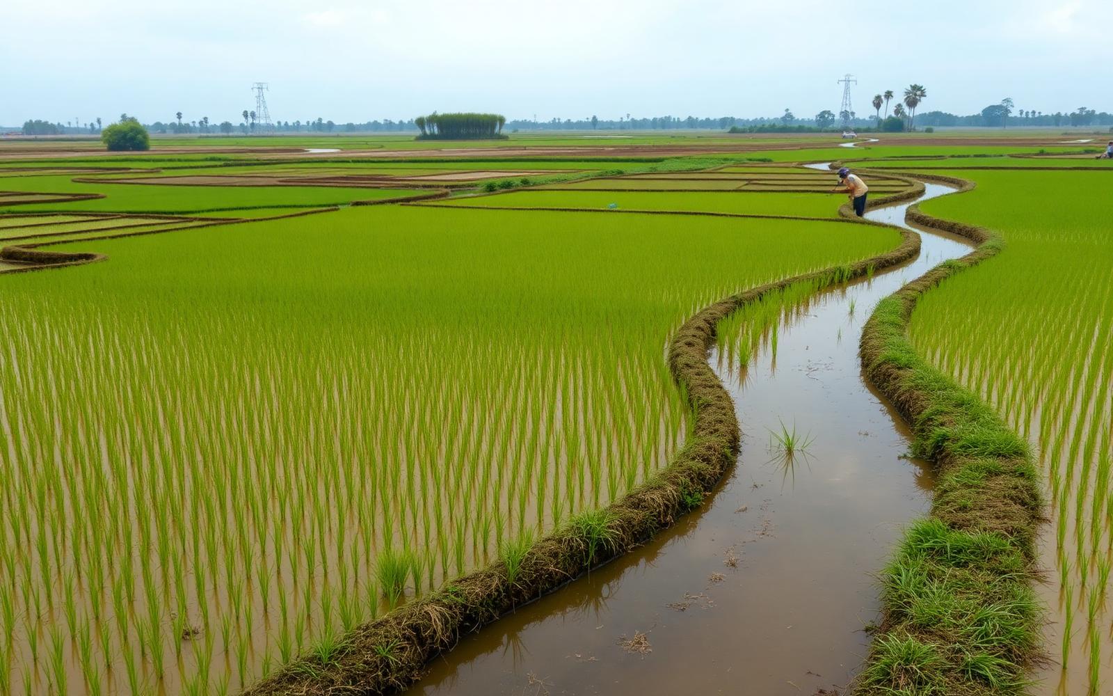 Rice paddy fields with irrigation channels