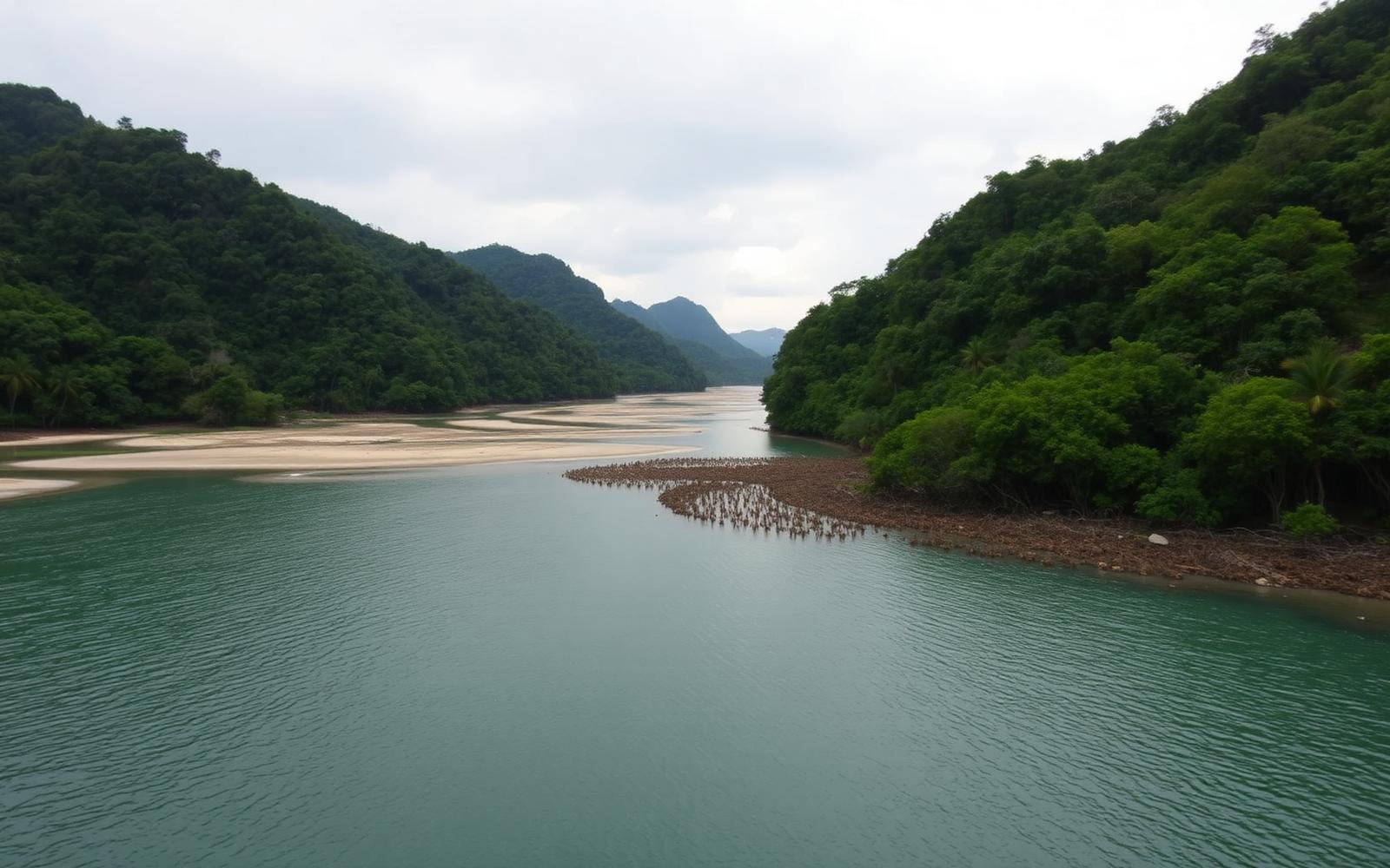 Undeveloped tropical coastline with mangrove estuary and forested hills