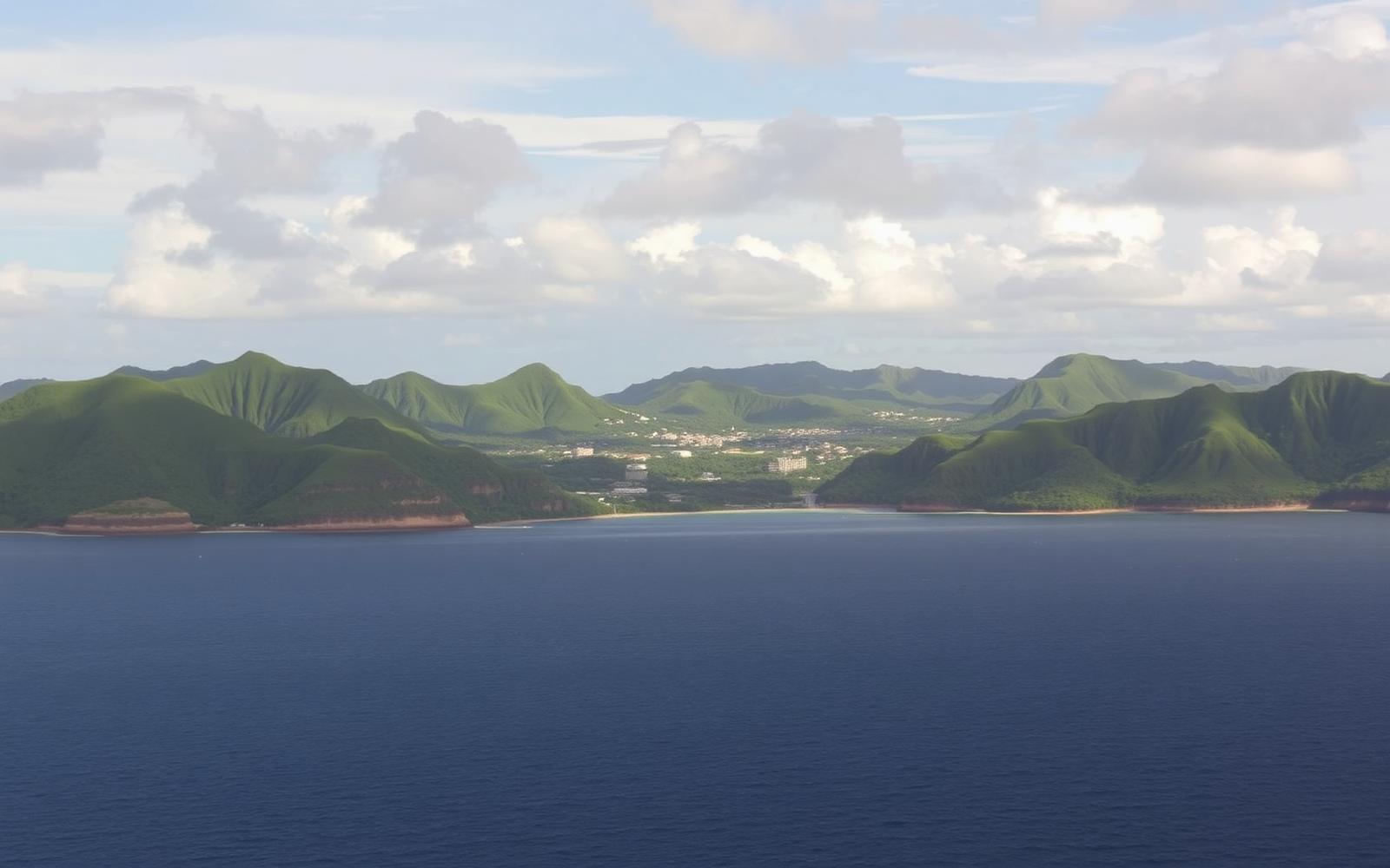 Tropical coastal plain with green hills and a harbour town in the distance