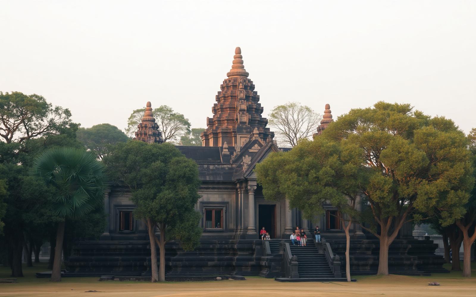 Khmer stone temple among trees in soft morning light