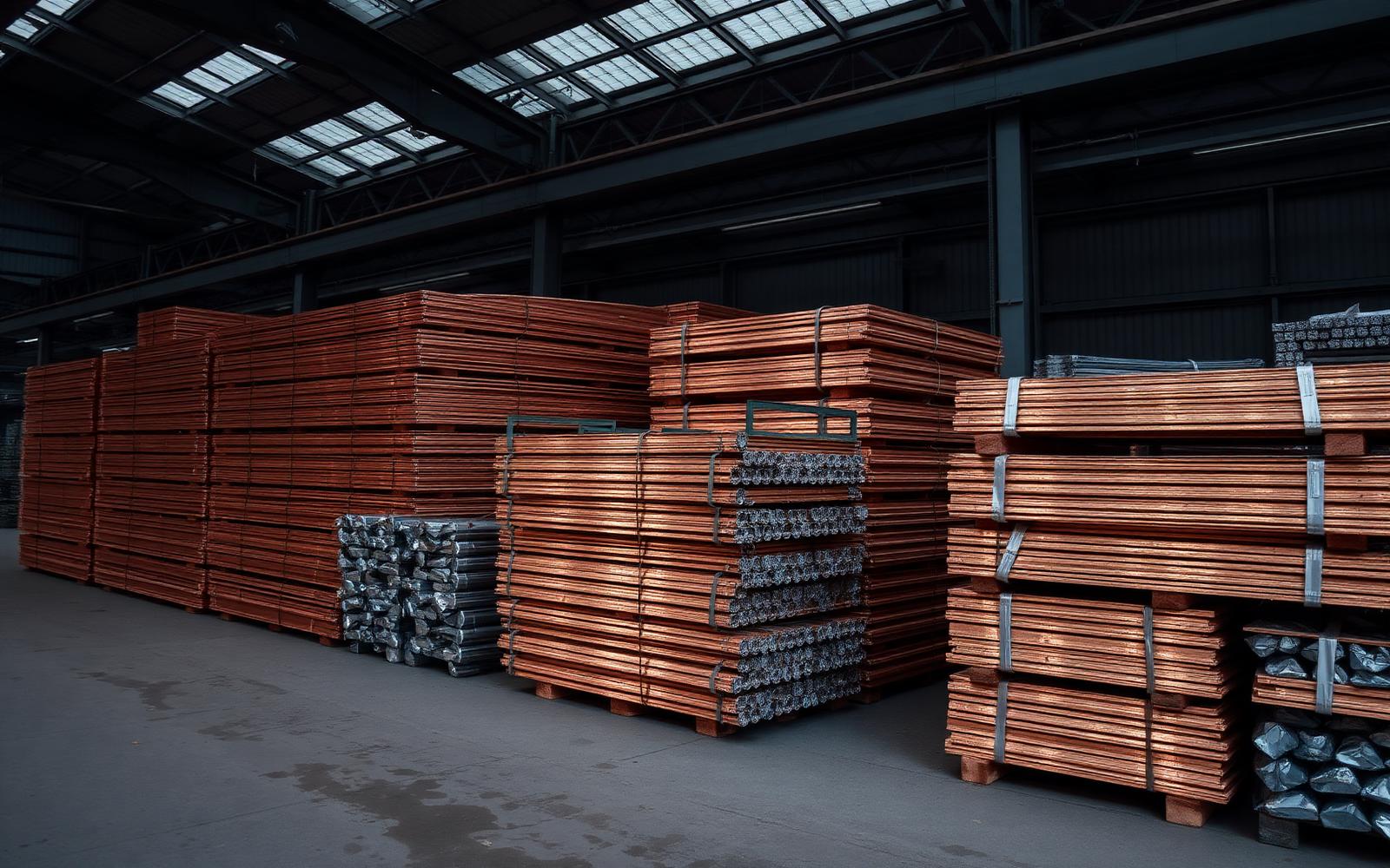 Copper cathodes and aluminium stock in an industrial metals warehouse