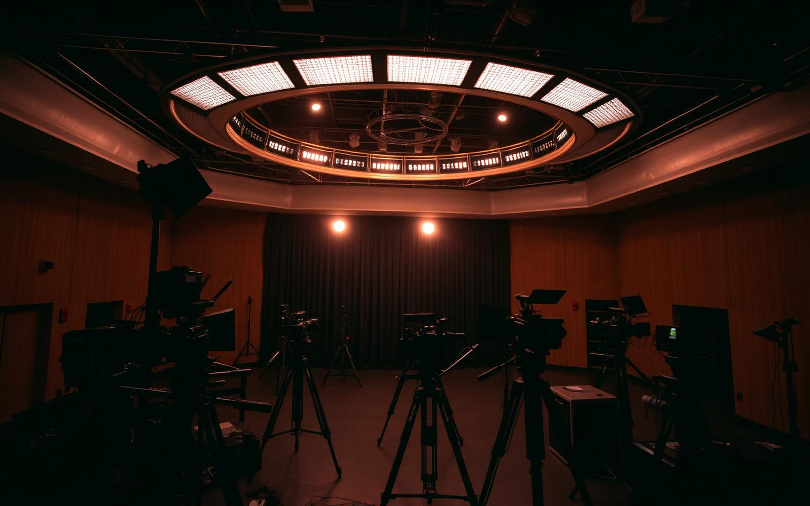 Television studio sound stage with cameras and lighting rig