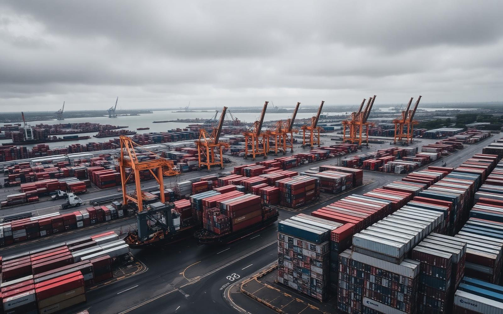 Container port and logistics zone with gantry cranes