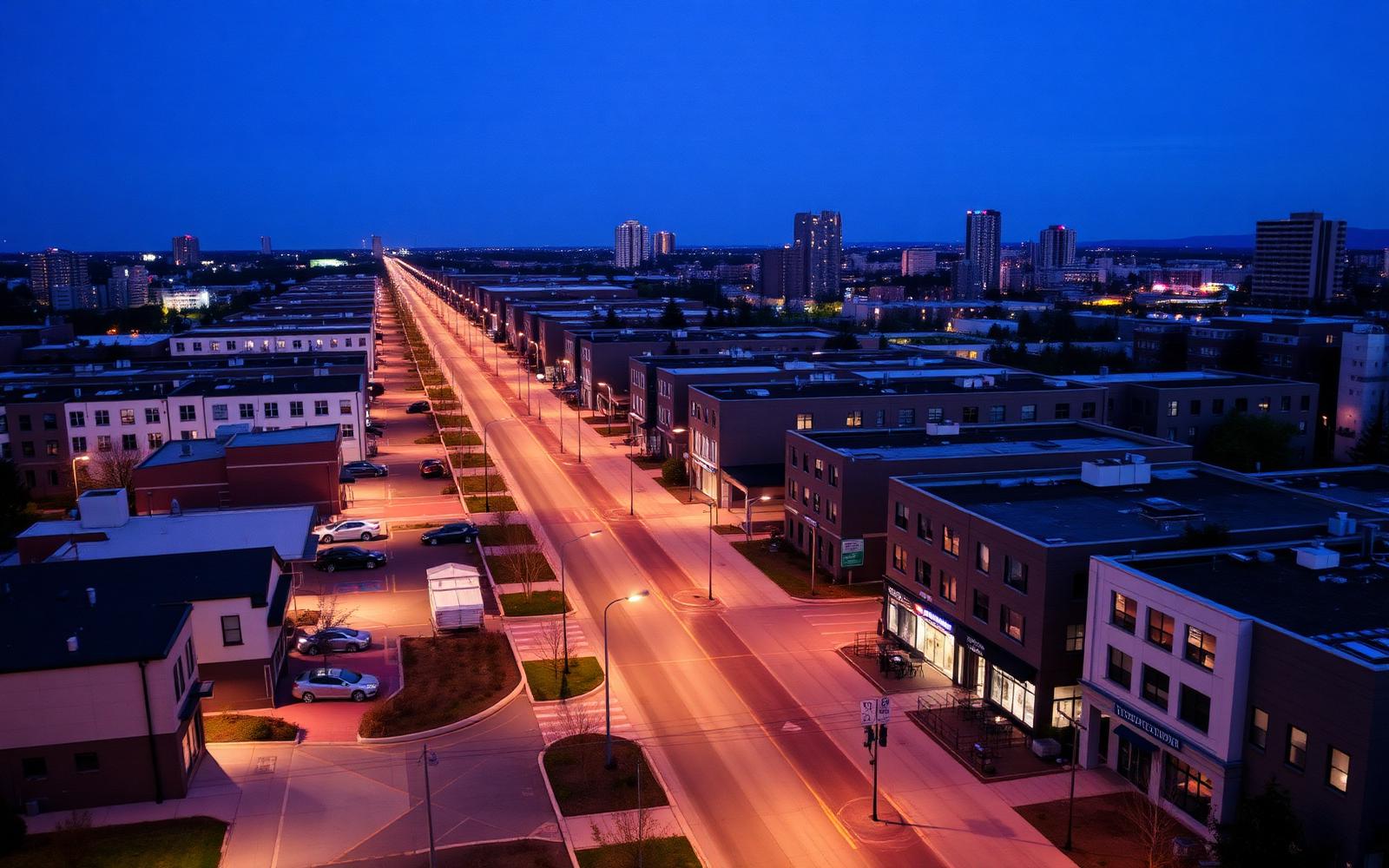 Planned urban district with ordered streets and street lighting at dusk