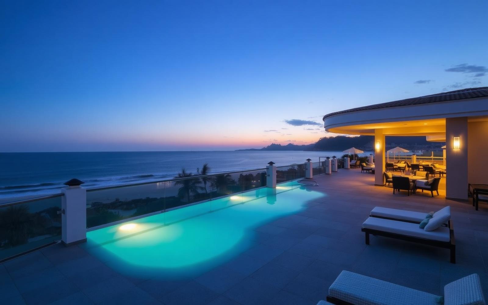 Coastal resort terrace overlooking the sea at dusk